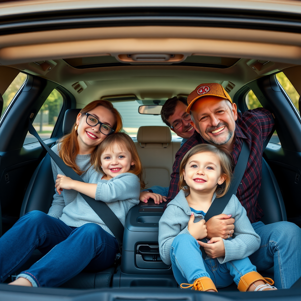 Familia feliz dentro de un vehículo espacioso y seguro, mostrando el interior amplio de un auto familiar con asientos cómodos y características de seguridad visibles