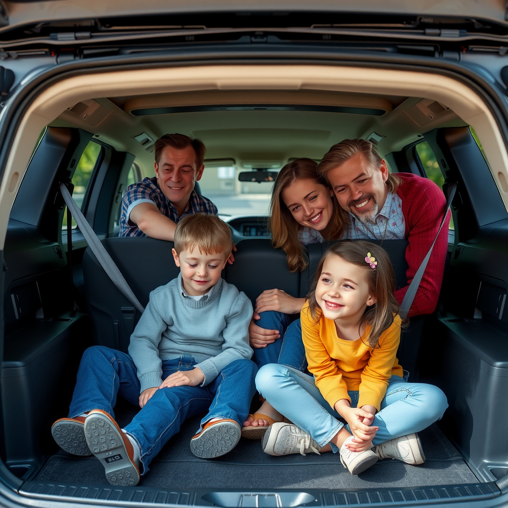 Familia feliz revisando el interior espacioso de un vehículo familiar usado, mostrando asientos cómodos, cinturones de seguridad y amplio maletero