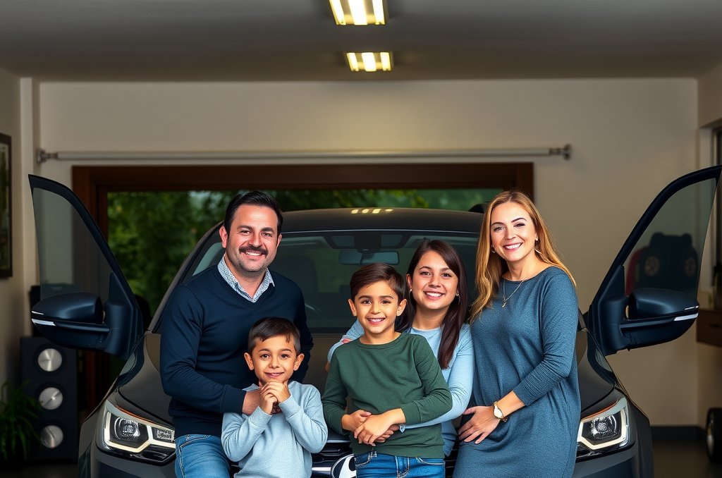 Familia argentina feliz posando junto a su auto familiar, padres e hijos sonrientes frente a un vehículo espacioso y seguro estacionado en el garaje de su hogar