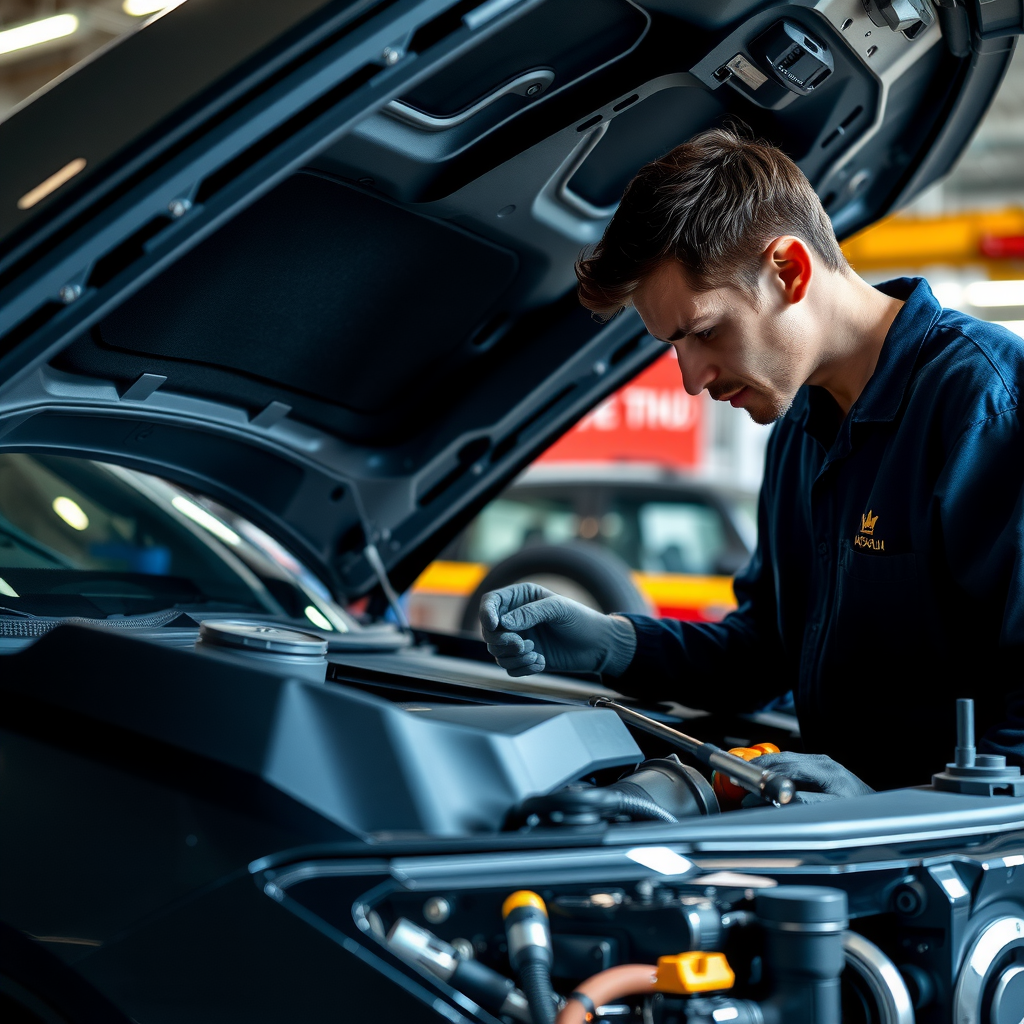 Mecánico profesional inspeccionando el compartimento del motor de un vehículo usado con herramientas de diagnóstico en un taller automotriz bien iluminado