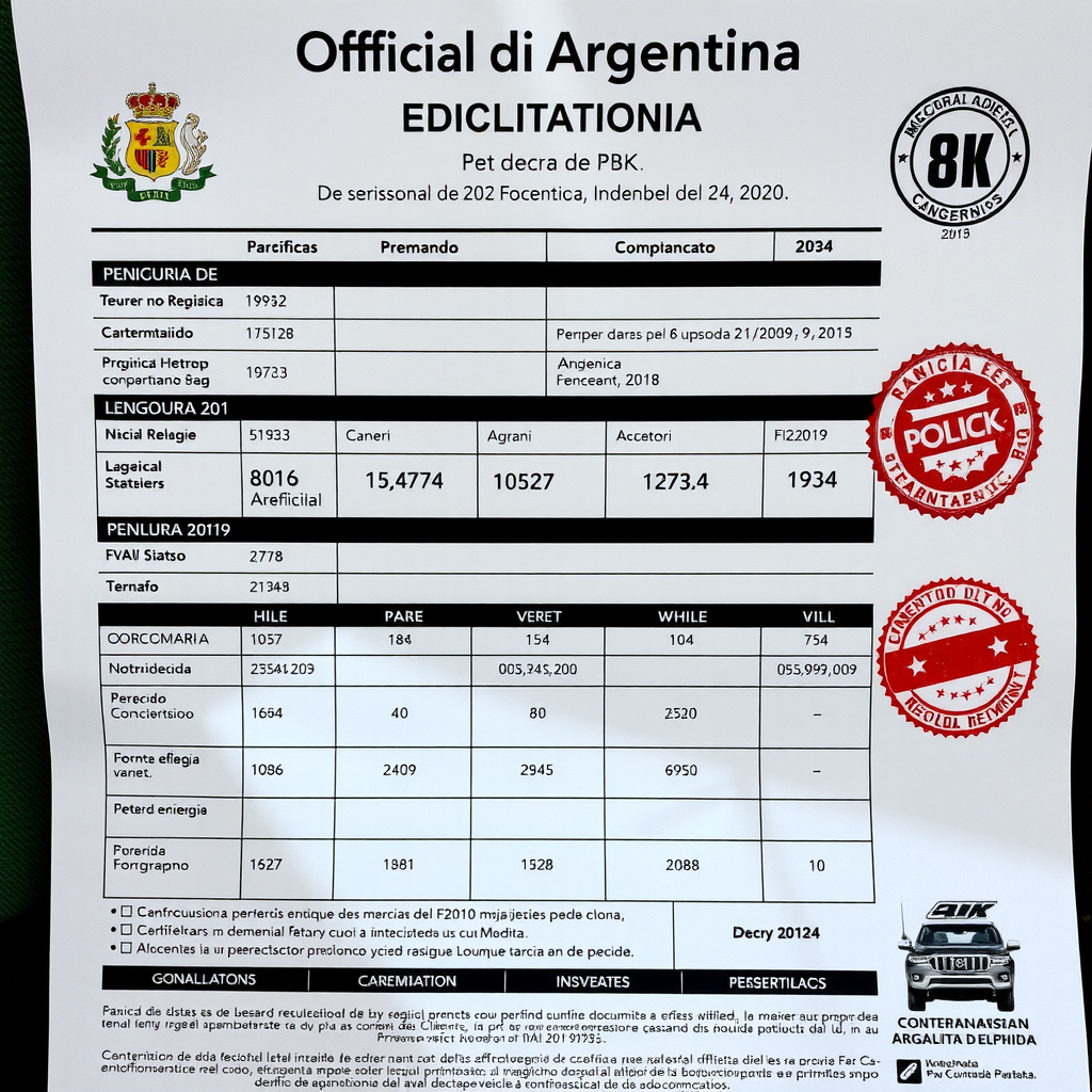Documento oficial de historia vehicular argentino mostrando verificaciones de propiedad, deudas y estado legal del vehículo con sellos y firmas oficiales