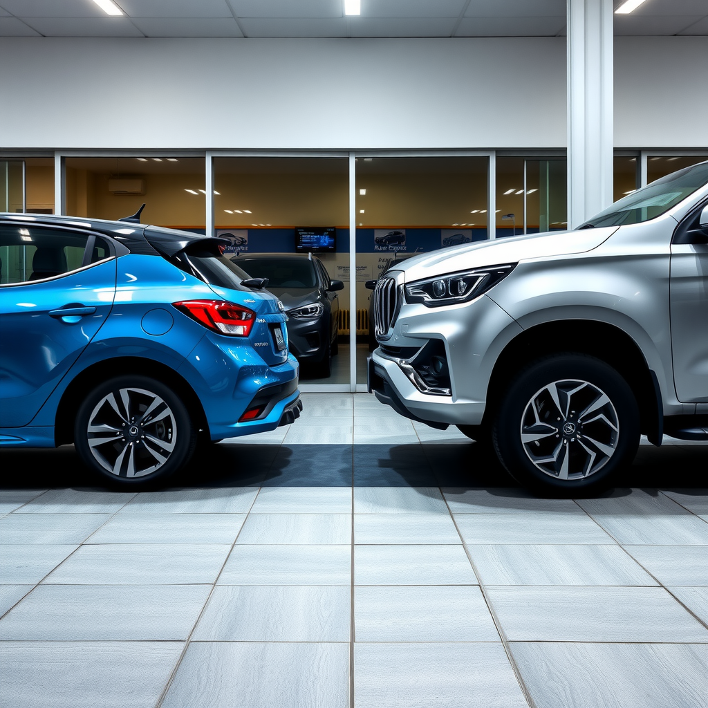 Comparación visual entre un auto compacto moderno color azul y un SUV plateado estacionados lado a lado en un concesionario de vehículos usados, mostrando las diferencias de tamaño y estilo entre ambos tipos de vehículos