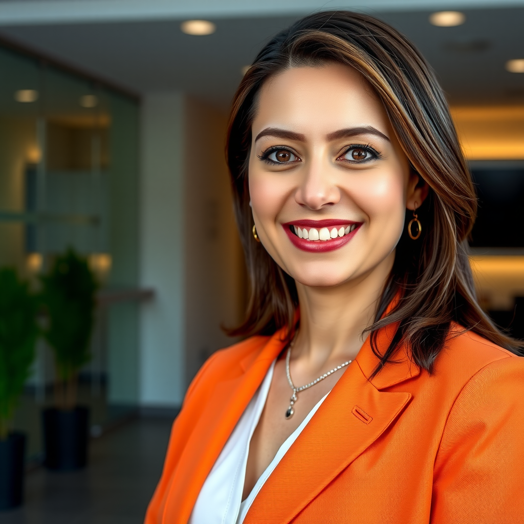 Retrato profesional de Laura Castro, Gerente de Ventas de UpbowVWQ, mujer de 38 años con blazer naranja, expresión amigable y profesional, oficina moderna de fondo