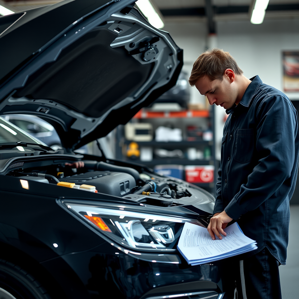 Mecánico profesional inspeccionando detalladamente un vehículo usado, revisando el motor, neumáticos y documentación del auto en un taller bien iluminado