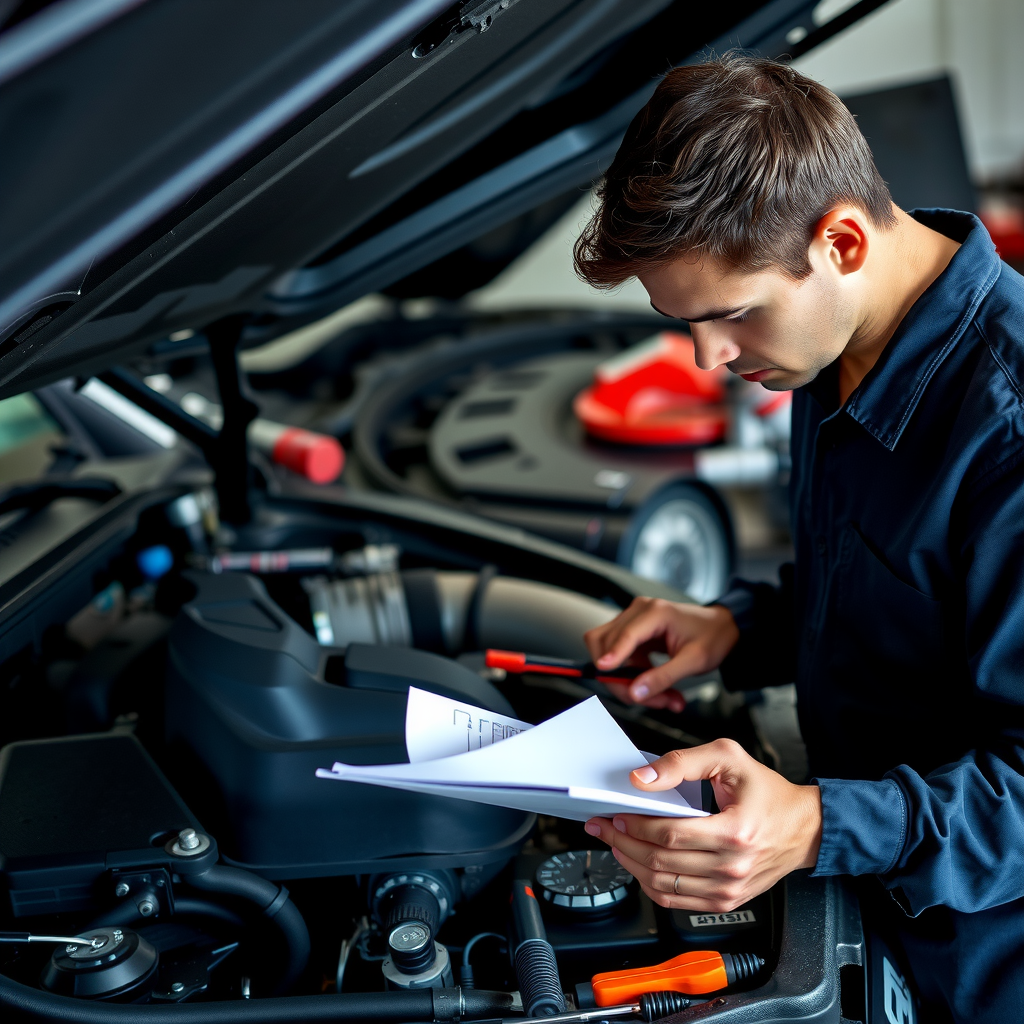 Mecánico profesional inspeccionando detalladamente el motor y componentes mecánicos de un vehículo usado, con herramientas de diagnóstico y lista de verificación