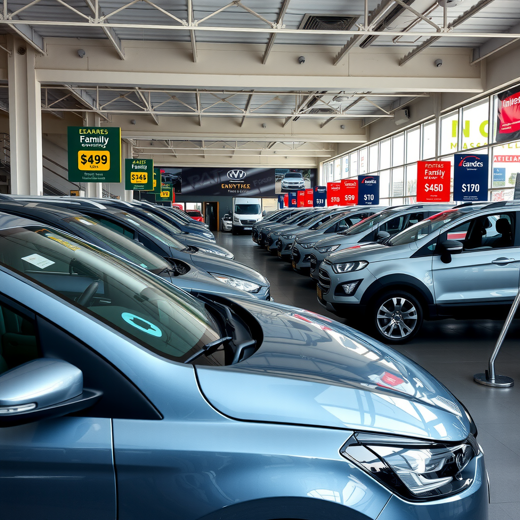 Interior de un concesionario de autos usados en Argentina mostrando varios vehículos familiares bien mantenidos con carteles de precios, ambiente profesional y luminoso