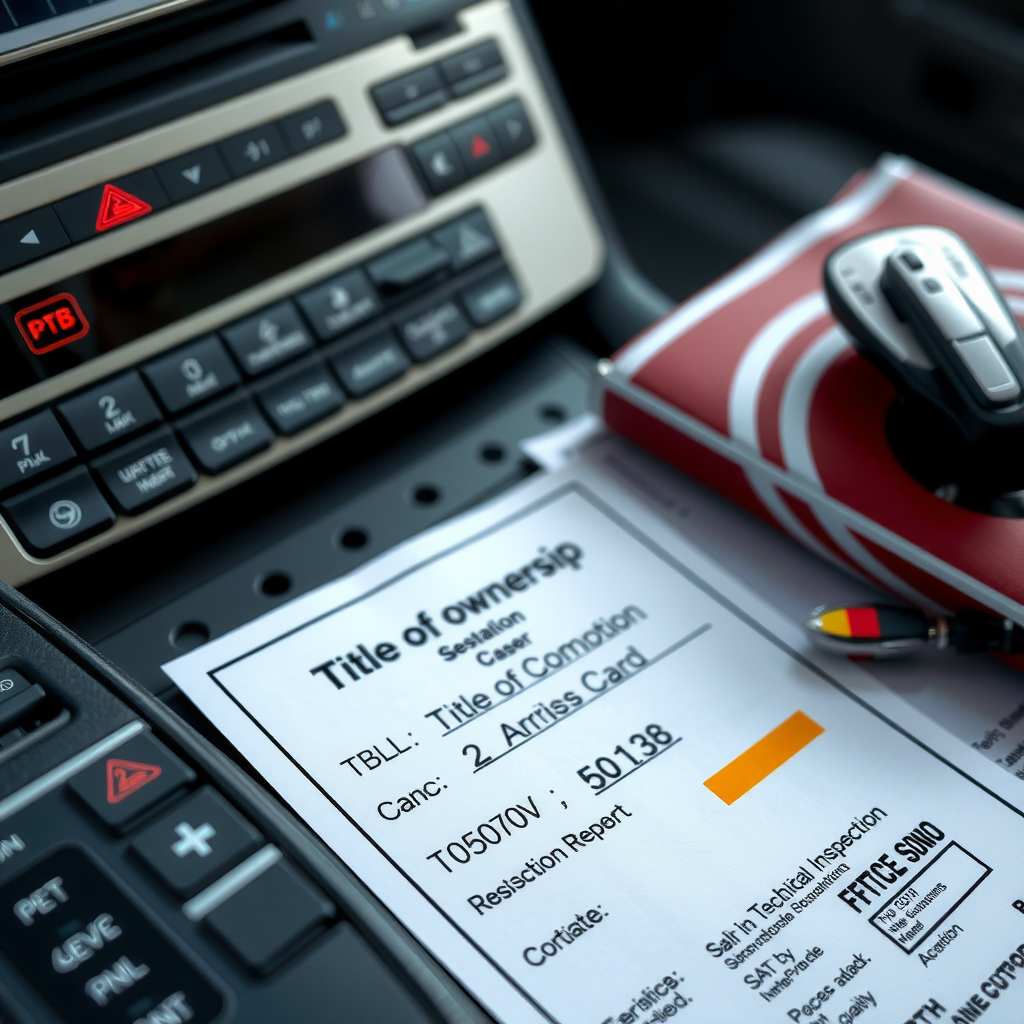 Primer plano de documentación vehicular incluyendo título de propiedad, cédula de registro y certificados de inspección técnica sobre un escritorio