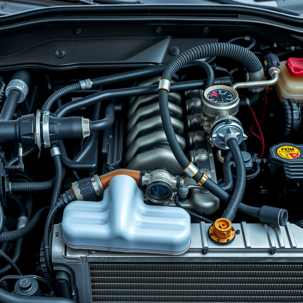 Sistema de refrigeración de motor mostrando radiador, mangueras y depósito de refrigerante con indicadores de nivel correcto