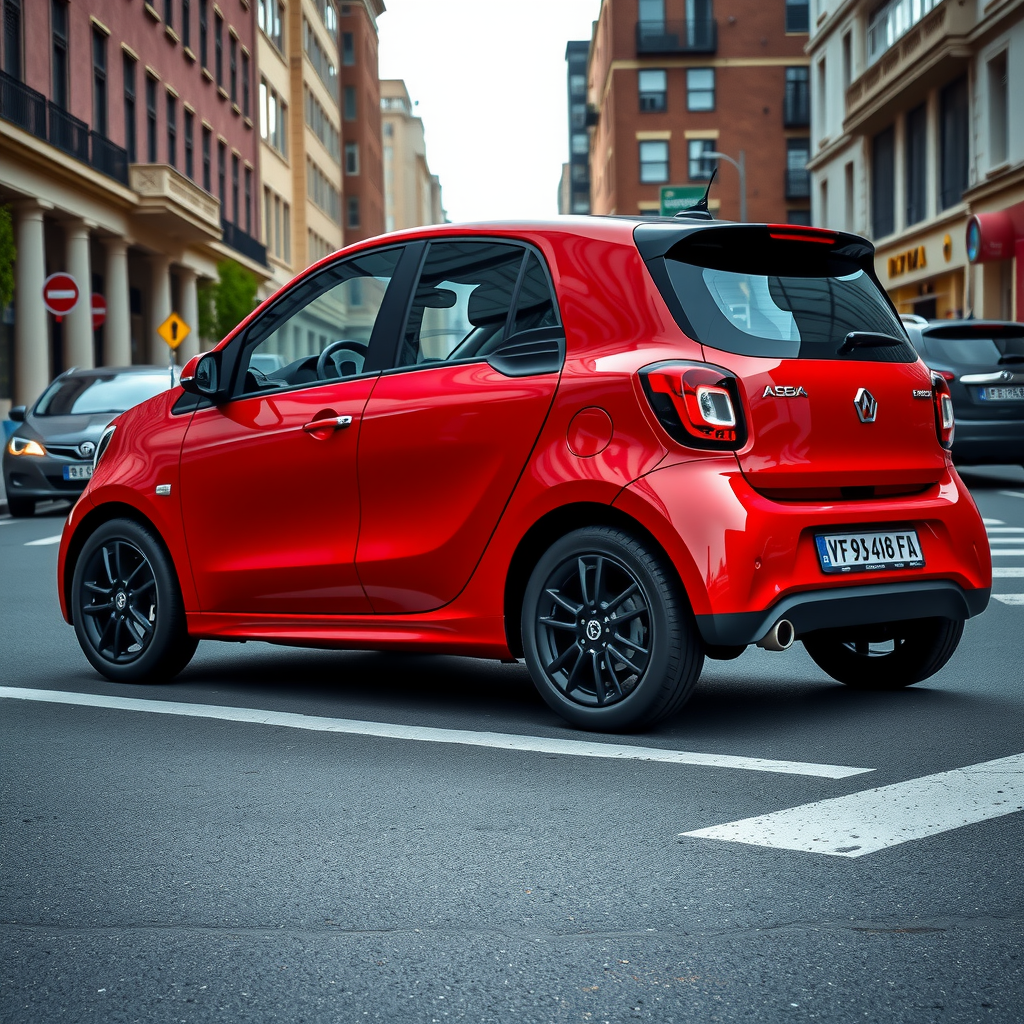 Auto compacto moderno color rojo estacionado en una calle urbana de Buenos Aires, mostrando su diseño aerodinámico y tamaño ideal para la ciudad, con edificios y tráfico de fondo