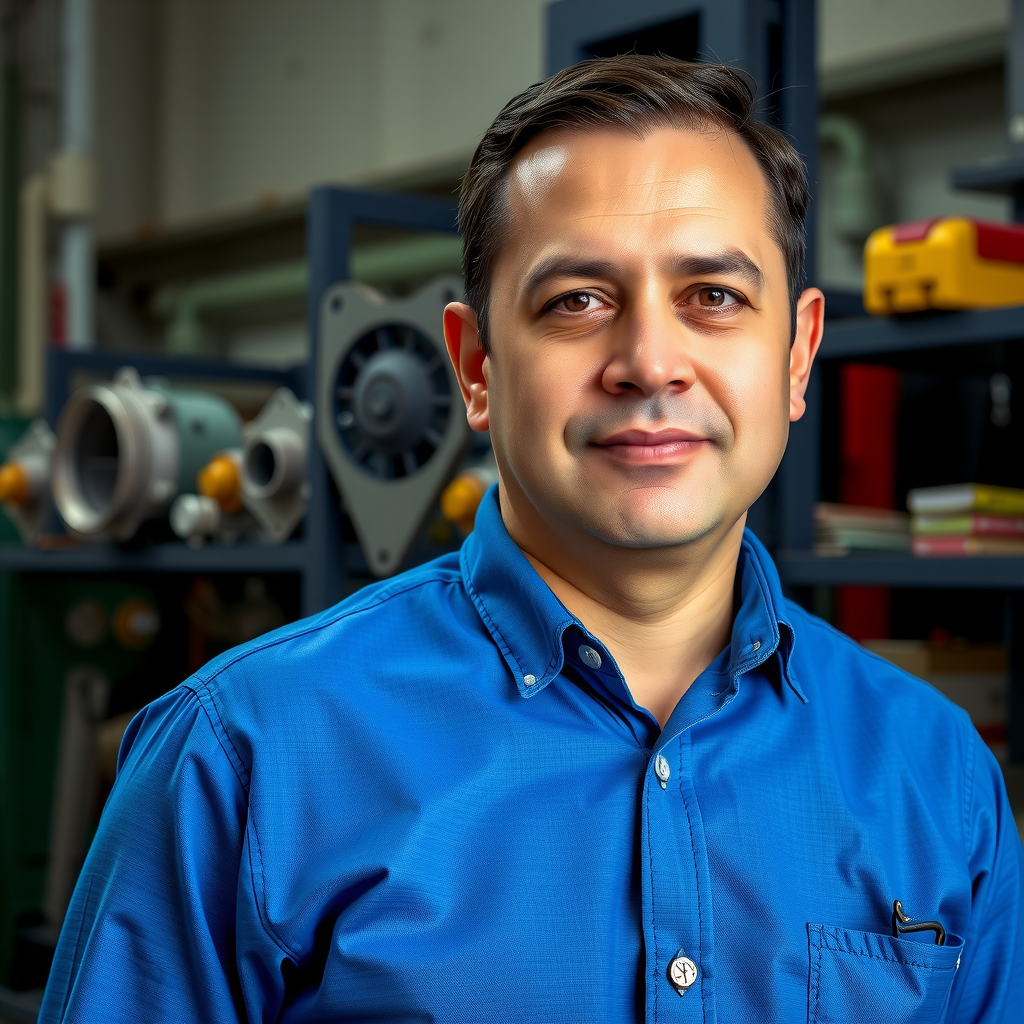 Retrato profesional de Diego Morales, Jefe de Inspección Técnica de UpbowVWQ, hombre de 42 años con camisa azul, expresión seria y confiable, taller mecánico de fondo