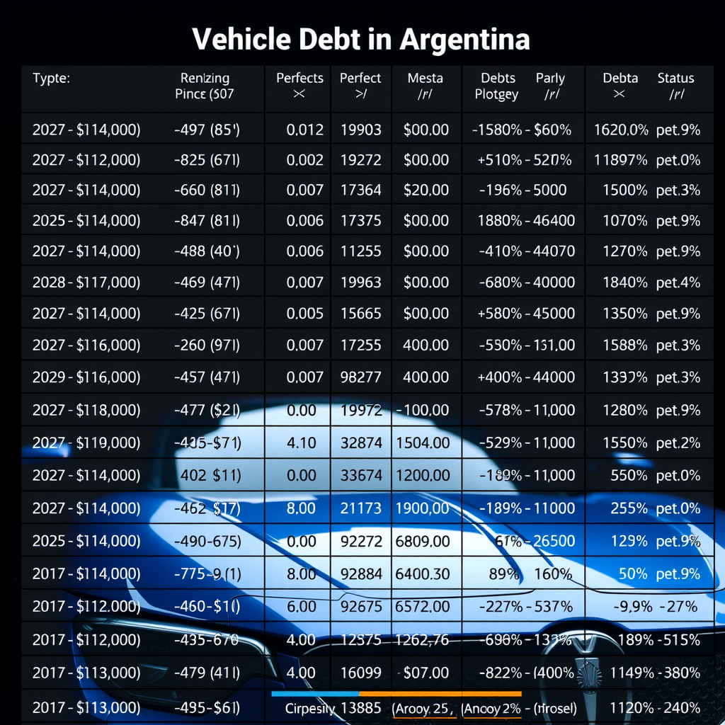 Tabla detallada mostrando diferentes tipos de deudas vehiculares en Argentina con montos en pesos argentinos, fechas de vencimiento y estado de cada obligación fiscal