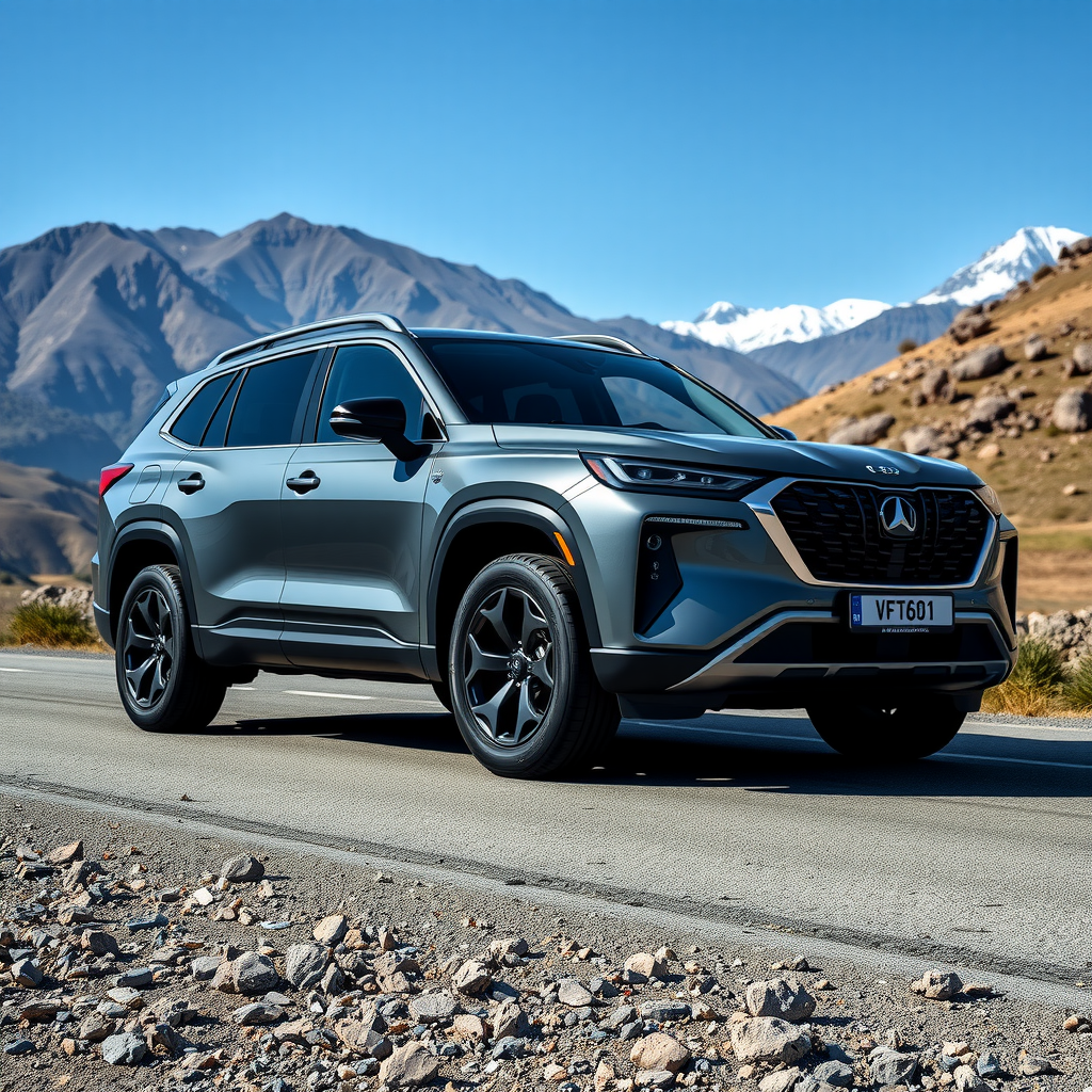 SUV moderno color gris oscuro en un camino de montaña argentino, mostrando su robustez y capacidad todoterreno, con paisaje montañoso y cielo azul de fondo