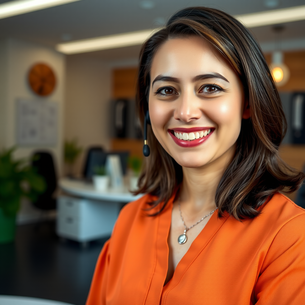 Retrato profesional de Sofía Fernández, Coordinadora de Atención al Cliente de UpbowVWQ, mujer de 32 años con blusa naranja, sonrisa cálida, oficina de atención al cliente de fondo