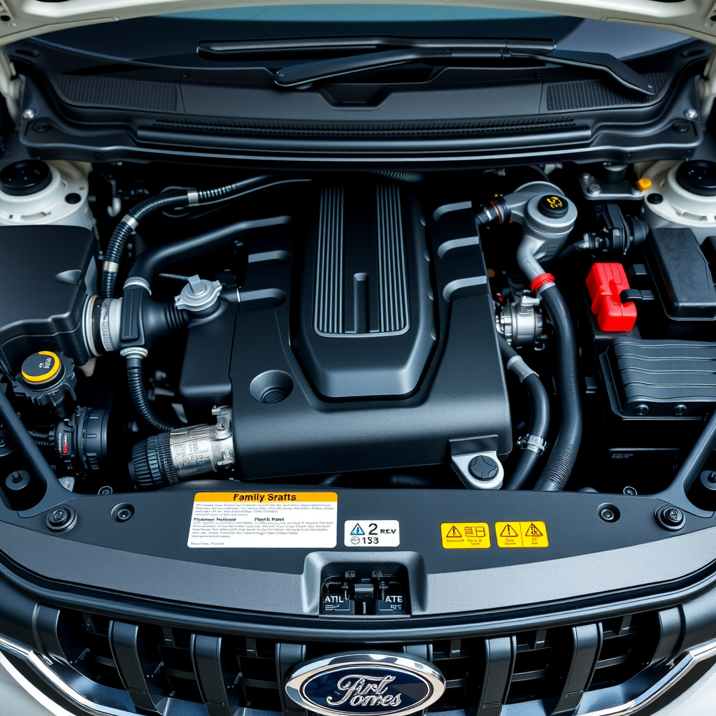 Motor limpio y bien mantenido de un vehículo familiar, vista detallada del compartimento del motor mostrando componentes en buen estado y etiquetas de especificaciones técnicas