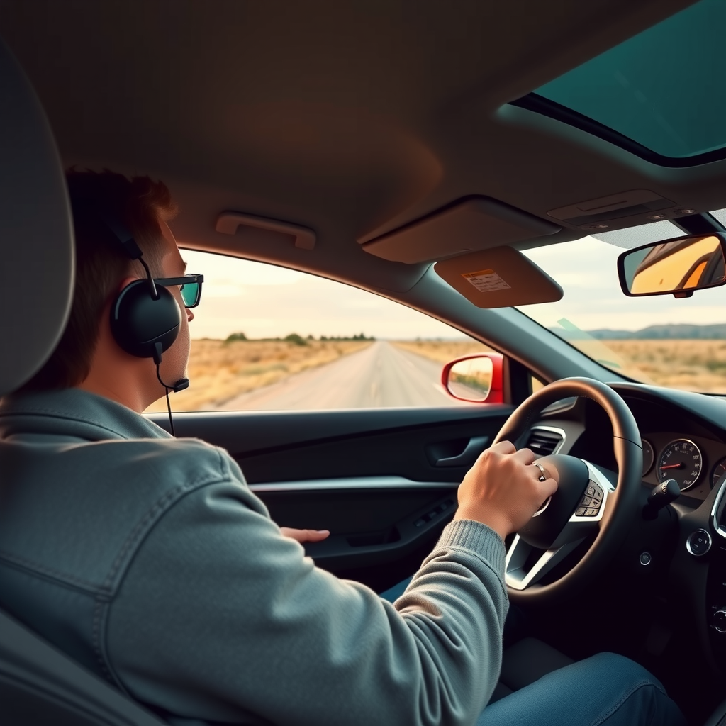 Conductor probando vehículo usado en carretera abierta con vista del tablero de instrumentos y volante desde el interior del automóvil