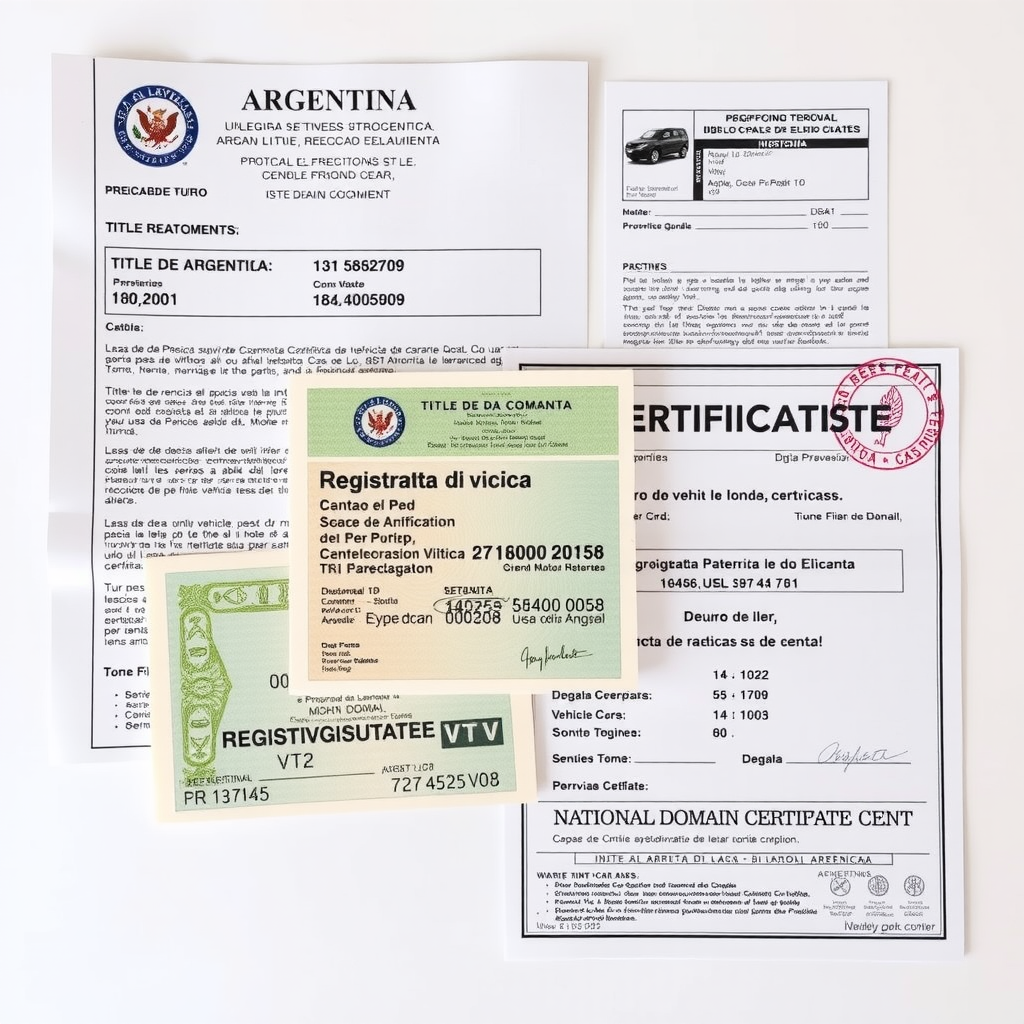 Conjunto de documentos legales argentinos para vehículos incluyendo título de propiedad, cédula verde, comprobante de VTV y certificado de dominio nacional con sellos oficiales