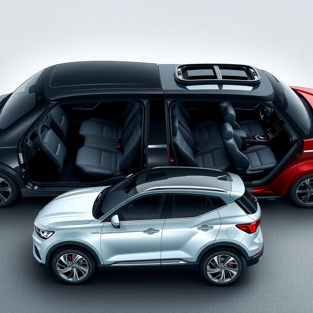 Comparación visual lado a lado de un auto compacto y un SUV usados, mostrando diferencias de tamaño, espacio interior y características distintivas de cada tipo