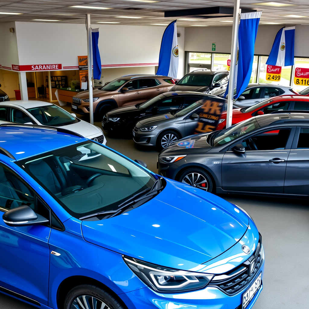 Concesionario de autos usados en Argentina mostrando variedad de vehículos compactos, sedanes y SUVs estacionados en exhibición, con banderas argentinas y carteles de precios visibles