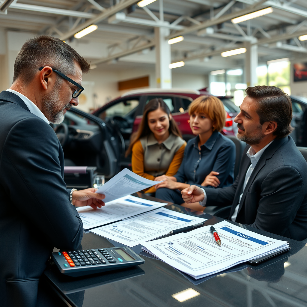 Vendedor profesional y familia argentina sentados en escritorio revisando documentos de compra de auto, ambiente de concesionario moderno y confiable, calculadora y papeles sobre la mesa